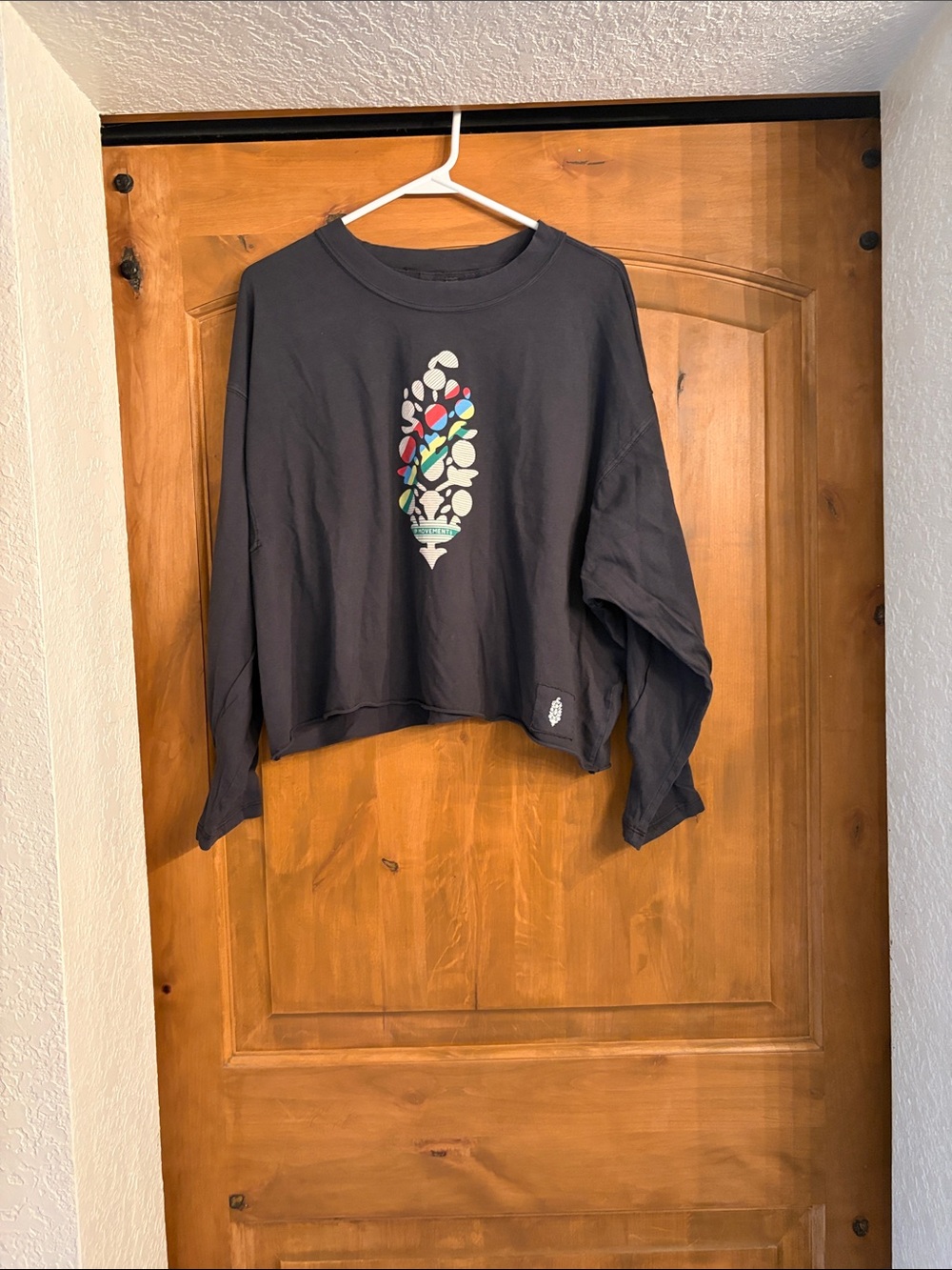 Free People Black Cropped Long Sleeve Tee with Colorful Feather Motif